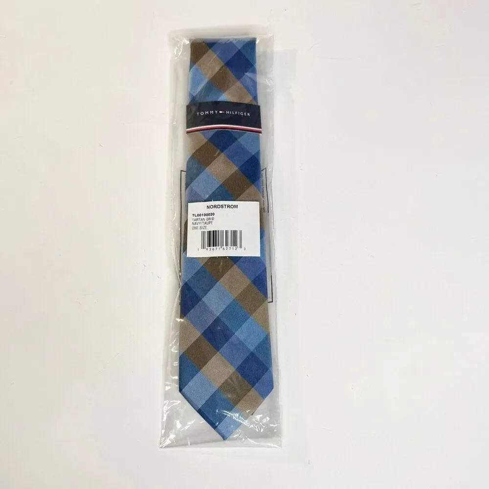 NWT Tommy Hilfiger tartan grid tie in taupe and blue